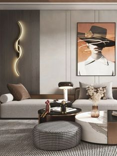 a living room with modern furniture and art