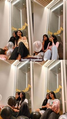 two women sitting next to each other in front of balloons with the words better together on them