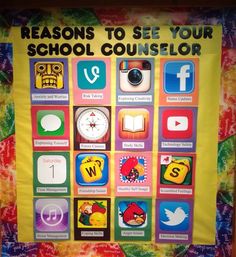 a colorful bulletin board with images of different school subjects and the words, reasons to see your school counselor