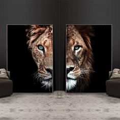 two pictures of lions with blue eyes are shown on the wall in an empty room