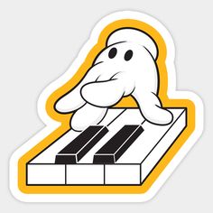 a sticker with a cartoon character playing the piano