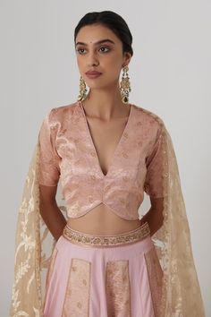 Pink pure silk kalidar lehenga with gul aari and zardozi embroidered details and brocade panels. Paired with a half sleeves plunging V neckline banarasi silk brocade floral blouse and blooming pattern woven banarasi brocade organza dupatta. - Aza Fashions Wedding Blouse With Sheer Dupatta For Eid, Silk Traditional Wear With Self Design For Reception, Floor-length Blouse For Wedding And Navratri, Floor-length Wedding Blouse For Navratri, Festive Tissue Silk Anarkali Set With Unstitched Blouse, Brocade Sets With Pallu For Reception, Reception Sharara With Unstitched Blouse In Banarasi Silk, Raw Silk Blouse With Dupatta For Wedding, Wedding Anarkali Set With Unstitched Blouse In Tissue Silk