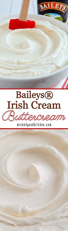 a bowl filled with white cream sitting on top of a table next to a bottle of bailey's irish cream