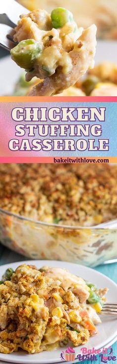 chicken stuffing casserole on a plate with a fork