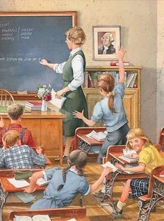 a painting of children in school uniforms sitting at desks with their hands up to the teacher's chalkboard