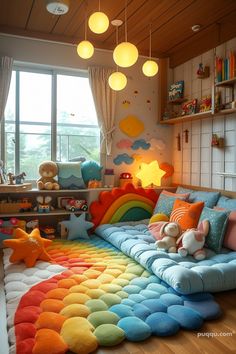 a rainbow colored bed in a child's room with lots of toys on the floor