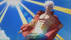 an anime character with white hair and sunglasses standing in front of the sun, looking to his left