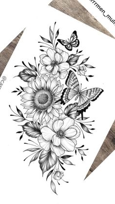 a black and white drawing of flowers with butterflies