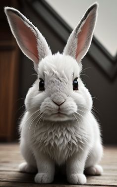 a white rabbit sitting on top of a wooden floor