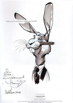 an ink drawing of a rabbit in a suit and tie holding a piece of wood