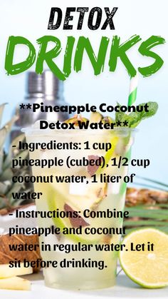 - Ingredients: 1 cup pineapple (cubed), 1/2 cup coconut water, 1 liter of water     - Instructions: Combine pineapple and coconut water in regular water. Let it sit before drinking. Coconut Water Pineapple Juice, Water Infusion, Diet Smoothies, Water Ideas, Coconut Water Benefits