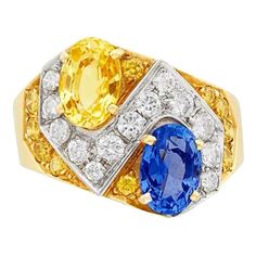 Luxury Yellow Sapphire Multi-stone Jewelry, Diamond Gold Ring, Blue Ring, Gold Cocktail Ring, Gold Cocktail, Blue Sapphire Diamond, Diamonds Ring, Diamond Cocktail Rings, 18k Yellow Gold Ring