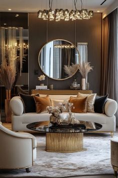 a living room filled with furniture and a large mirror