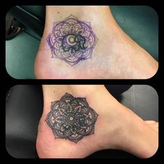 two pictures of the same tattoo on one foot and an image of a flower on the other