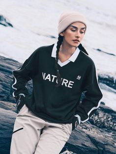 Black  Collar Long Sleeve Knitted Fabric Letter  Embellished Slight Stretch  Women Outdoor Apparel Fabric Letters, Outdoor Woman, Outdoor Apparel, Long Sleeve Knit, Letter Prints, Sweat Shirt, Knitted Fabric, Collar, Turn Ons