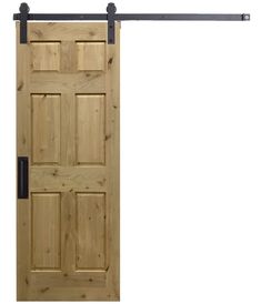 an open wooden door with black hardware on the top and bottom bars, against a white background