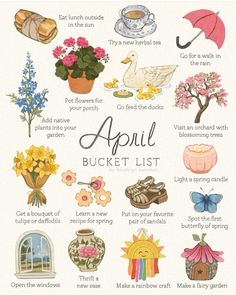 an illustrated poster with flowers and other things to do in the spring or fall season