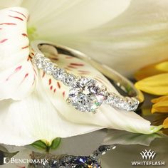 a diamond ring sitting on top of a flower