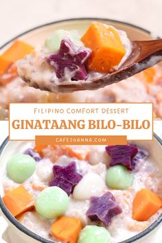 a close up of a spoon with food in it and text overlay that reads, filipino comfort dessert ginatang bilo - bilo