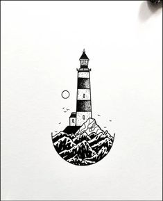 a drawing of a lighthouse on top of a hill with mountains in the foreground