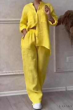 Lasaky - Vacation Outfit Palazzo Pants and Matching Shirt Set Celana Fashion, Wide Leg Pant Suit, Womens Clothing Patterns, Trendy Outfit, Maxi Robes, Loose Outfit, Pantalon Large, Pocket Shirt, Yoga Shorts