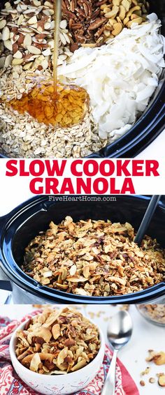 Slow Cooker Granola, three-photo collage with text showing crock pot granola ingredients, and then finished crockpot granola in slow cooker and bowl. Wholesome Breakfast, Granola Recipe Homemade, Granola Healthy, Granola Recipe, Granola Recipes, Crockpot Recipes Slow Cooker, Homemade Granola