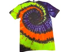 One of a kind  Tie Dye T-Shirt.   Shirt is a Gildan Soft Style 100% cotton shirt that has been soaked in soda ash solution and dyed with quality fiber reactive dyes to ensure long lasting bright colors.  Shirt pictured is the one you will receive.   SIZE:  Small Unisex Shirts have been washed in hot water, dried, and steam ironed during the making process so any additional shrinkage isn't expected, but if you're unsure always order a size up. CARE:  It is recommended to wash alone in cold water for the first wash then with only like colors thereafter.  To avoid color transfer  don't leave sitting in washer or dryer wet.    Returns are not accepted, but if at time of receipt there's a problem with the condition of the shirt or an error with the order please reach out so it can be resolved. Multicolor Cotton Top For Halloween, Casual Tie Dye Tops For Halloween, Casual Acid Wash T-shirt For Halloween, Halloween Multicolor Cotton Top, Casual Tie Dye Halloween Tops, Halloween Acid Wash Casual T-shirt, Casual Acid Wash Halloween T-shirt, Acid Wash Cotton T-shirt For Halloween, Casual Tie-dye Halloween Top