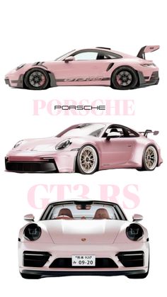 three different pink cars with the words porsche gtp's on each one side