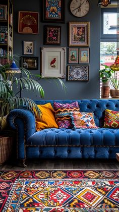 a blue couch sitting in front of a window filled with lots of pictures and plants