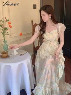 Tavimart Summer Floral Korean Style Ruffles Dress Women Print Vintage Sweet Cute Fairy Dress 2023 Boho Casual France Evening Party Dress Cute Fairy Dress, Orange Pink Color, Ruffles Dress, Yellow Floral Dress, Cute Fairy, Vintage Inspired Outfits, Black Evening Dresses, Fairy Dress, Inspired Outfits