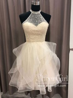 Halter Neck Key Hole Back Beaded Short Prom Dress Tiered Tulle Homecoming Dress ARD2671-SheerGirl Homecoming Dress Short, Dress Ruffles, Mini Homecoming Dresses, Tulle Homecoming Dress, Two Piece Homecoming Dress, Short Homecoming Dress, Short Prom Dress, Short Prom, Linnet