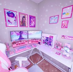 a desk with two computer monitors and a pink chair in front of the monitor screen