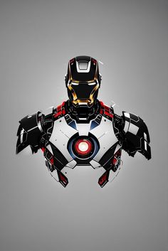 a stylized iron man character is shown in front of a gray background with red, white and blue accents