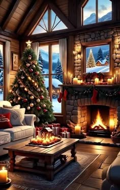 a living room filled with furniture and a christmas tree next to a fire place in the fireplace