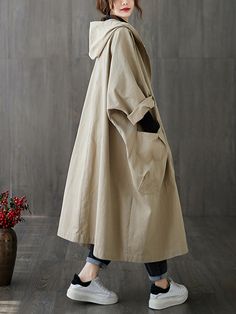 Original Solid Hooded Trench Coats KHAKI-FREE SIZE Rok Midi, Sandal Tali, Oversized Trench Coat, Trench Coat Dress, Cap Sleeve Shirt, Hooded Trench Coat, Winter Trench Coat, Cotton Coat, Trench Coats Women