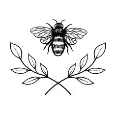 a black and white drawing of a bee sitting on top of a leafy branch