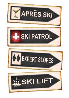 three signs pointing in different directions to ski, ski patrol, expert slopes and ski lift