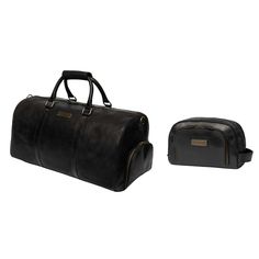 two pieces of black leather luggage on a white background