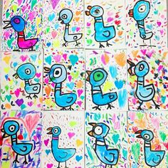 several pictures of birds painted on paper with hearts and paint splatters in the background