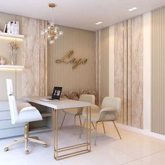 a white table and chairs in a room with beige wallpaper on the walls behind it