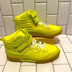 Fila F-14 Safety Yellow Hightop Sneakers Women’s Size 8.5 Features: Bold Retro Hightop Sneaker From Fila Leather Upper Overlay Details Lace-Up Front Closure Two Ankle Straps Lightly Cushioned Footbed Durable Gummy Outsole Brand New With Tags In Great Condition With Some Flaws ( Ink Transfer On Outsole Left Shoe From Storage Container) Stored In Pet/ Smoke Free Facility. Ready For Immediate Shipment Upon Purchasing. Sporty Spring High-top Sneakers, Yellow Casual High-top Sneakers For Sports, Spring Streetwear Athleisure High-top Sneakers, Yellow High-top Sneakers For Sports In Spring, Yellow High-top Sneakers For Spring, Green High-top Sneakers For Sports In Spring, Spring Athleisure High-top Sneakers For Streetwear, Green High-top Sneakers For Athleisure, Spring High-top Sneakers For Sports