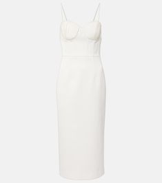 Bridal Delaney midi dress in white - Rebecca Vallance | Mytheresa Fitted Bodice Midi Dress In Elastane, Elastane Bodycon Dress With Fitted Bodice, Midi Length, Elastane Midi Dress With Ruched Bodice For Night Out, Cocktail Midi Dress With Lined Fitted Bodice, Fitted Longline Midi Dress For Date Night, Bodycon Elastane Dress With Sweetheart Neckline, Bodycon Dress With Sweetheart Neckline, Elastane Bodycon Dress With Sweetheart Neckline, White Midi Dress With Pleated Bodice For Cocktail