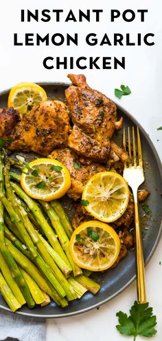 lemon garlic chicken on a plate with asparagus