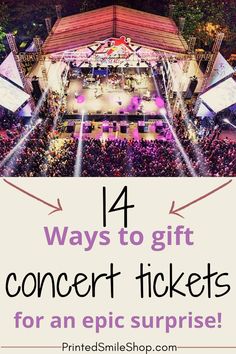 Find out all about concert ticket gifts and how to gift concert tickets. Read the best ideas about planning a concert ticket gift surprise to help you give a fun concert ticket reveal. Learn more about printable concert ticket templates at printedsmileshop.com Concert Gift Ideas, Concert Gift