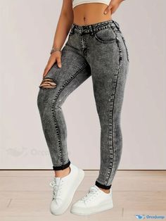 Orcajump - Plain Washed Ripped Holes Skinny Jeans, Slim Fit Distressed High Stretch Tight Jeans, Women's Denim Jeans & Clothing Casual Distressed Fitted Jeggings, Casual Fitted Distressed Jeggings, Casual Ripped Fitted Jeggings, Women's Denim Jeans, Women Denim Jeans, Jeans Slim, Jean Outfits, Denim Jeans, Tights