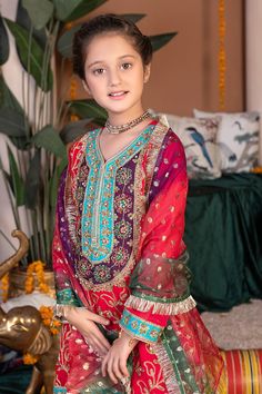 Kids Eastern Dress Introducing an embroidered chiffon shirt with intricate adda work and pearl borders. Paired with a gold-printed organza sharara and complemented by an organza jacquard dupatta for an elegant ensemble. Gold Sharara, Organza Sharara, Sharara Dress, Nikah Wedding, Kidswear Girls, Eastern Dresses, Kids Formal, Eid Party, Wedding Branding