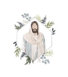 a watercolor painting of jesus surrounded by greenery and leaves on a white background