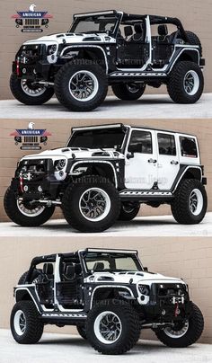 four different views of the front and rear sides of a white jeep with black tires