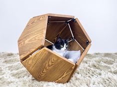 a black and white cat sitting in a wooden box on top of a fluffy rug