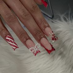 #christmasnailsacrylic | Prepping Early? Follow For More Inspo ❣️ @exquisitejoe Christmas Nail Art Ideas, Candy Cane Nails, Red Christmas Nails, Winter Nails Acrylic, Girly Acrylic Nails, Long Square Acrylic Nails